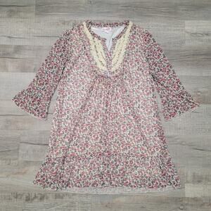 Lady Noiz Y2K Ditzy Floral Cottage Dress Crochet Collar Mesh Knit Bell Sleeve